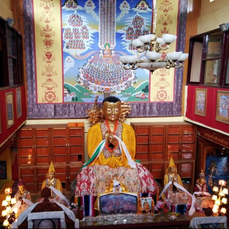 A look at the Lama Tsongkhapa statue and the massive thangka behind it from the first floor.